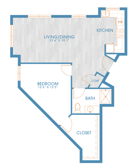 Floor plan for 1 bed, 1 bath, 797 sqft
